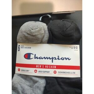 Champion No Show Socks Men Size 6-12 Black Grey NEW 6 Pairs Double Dry Athletic